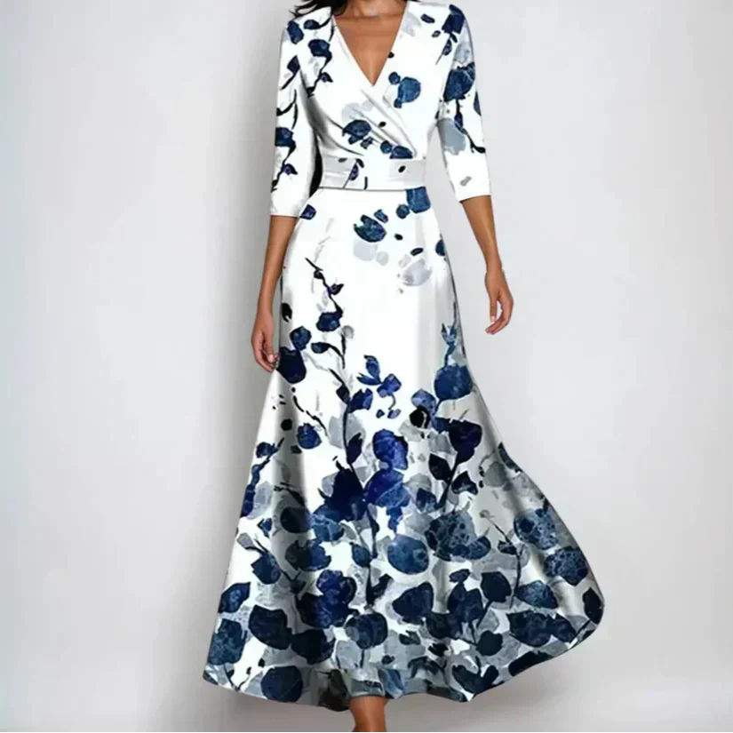 Women wrap dress with 3/4 sleeves and flattering waist-cinching wrap design