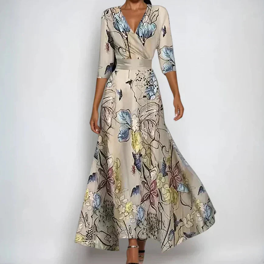 Women wrap dress with 3/4 sleeves and flattering waist-cinching wrap design