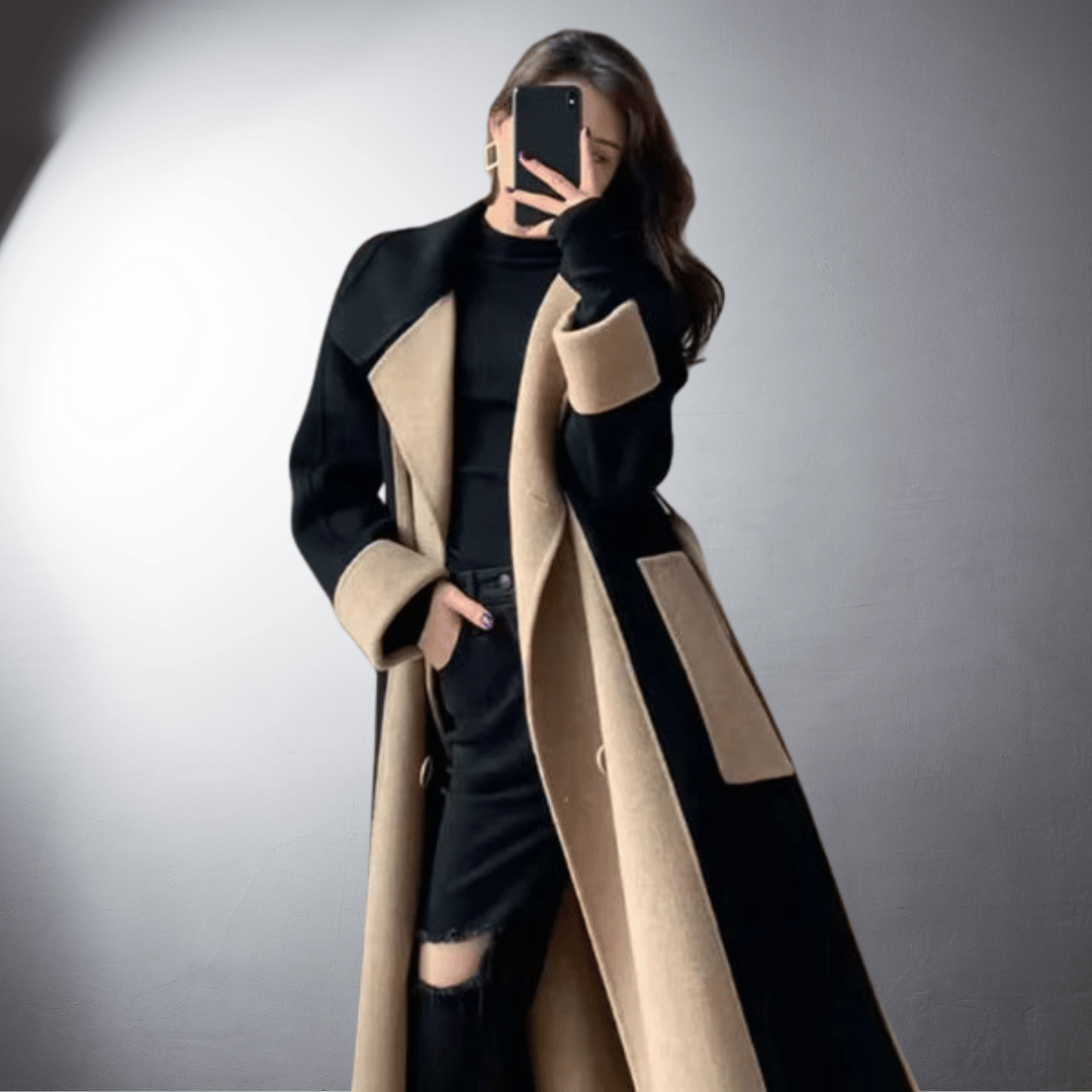 Women two tone straight cut mid length coat colourblock winter