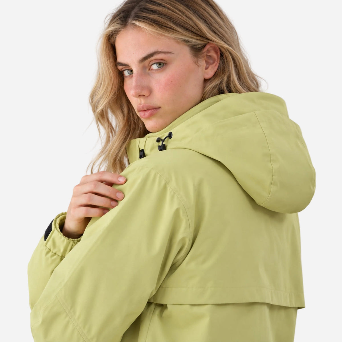 Women waterproof jacket hooded cropped with adjustable cuffs and zip closure
