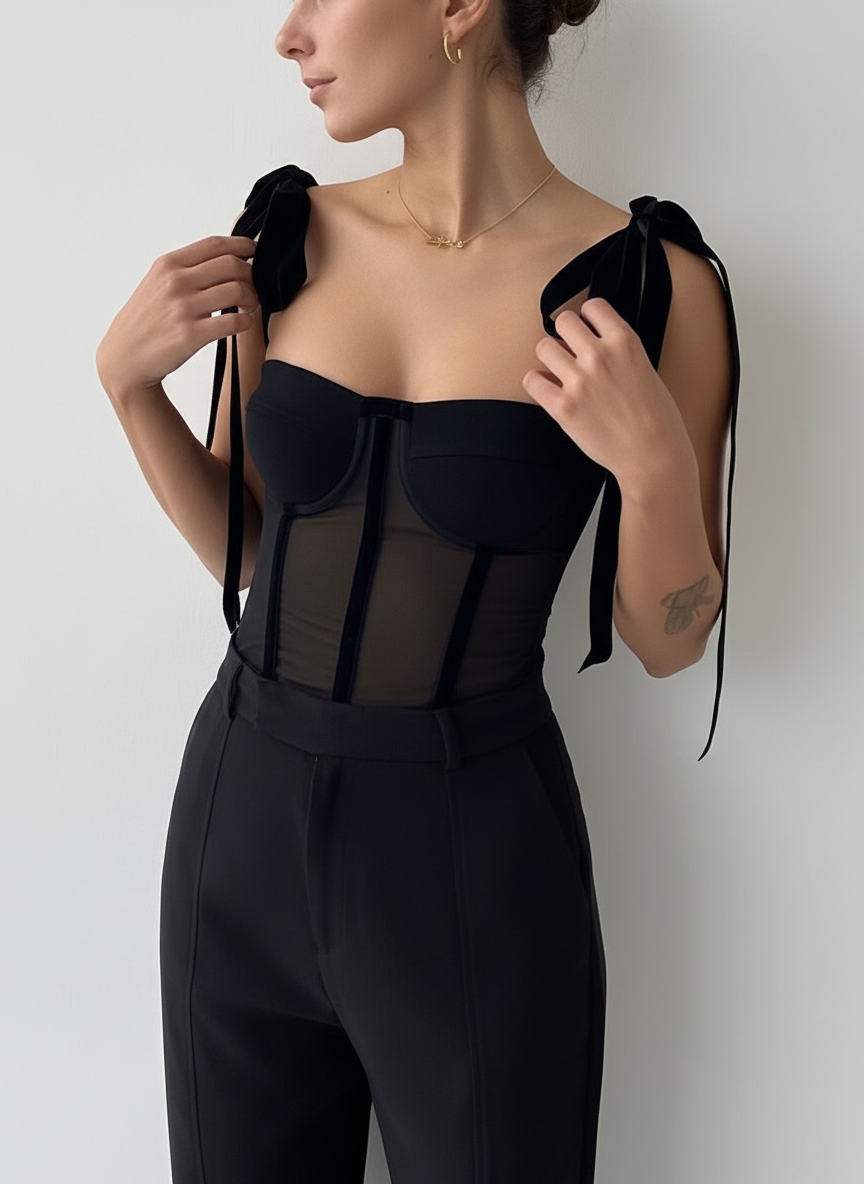 Bustier top | Women, mesh fabric, velvet detail | Sheer bodycon fit