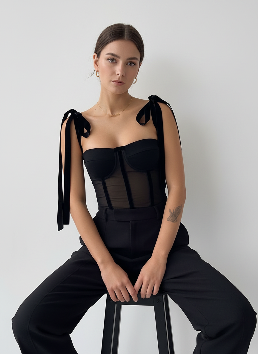 Bustier top | Women, mesh fabric, velvet detail | Sheer bodycon fit