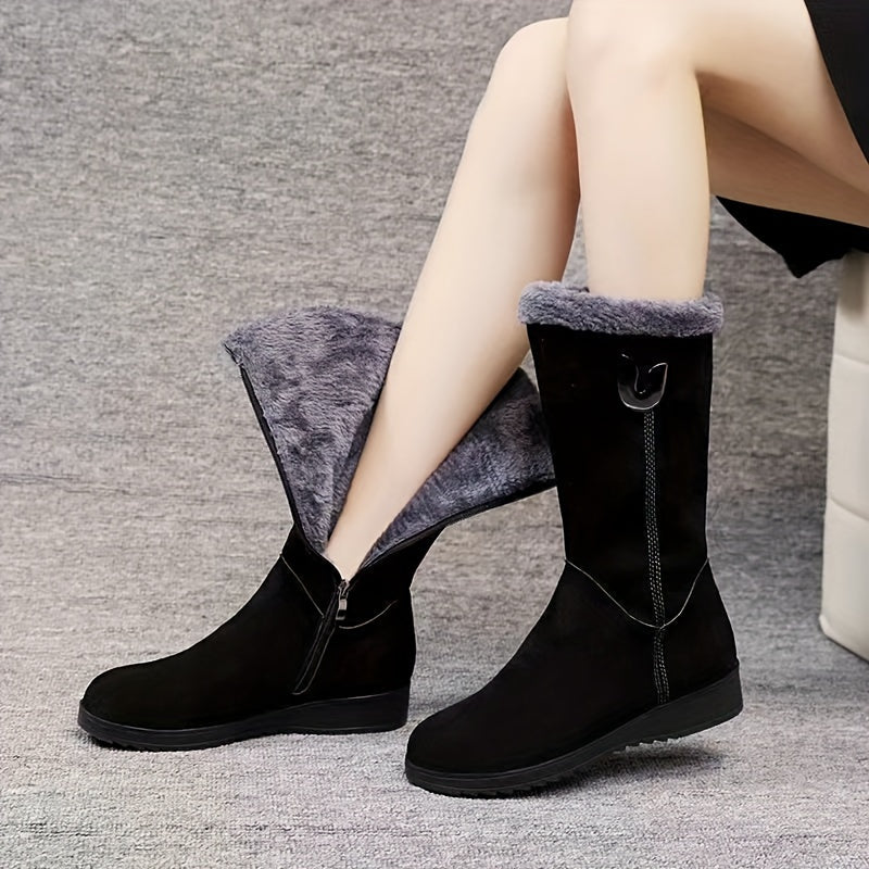 Women mid-calf boots with fur trim fold-over cuff and side zip