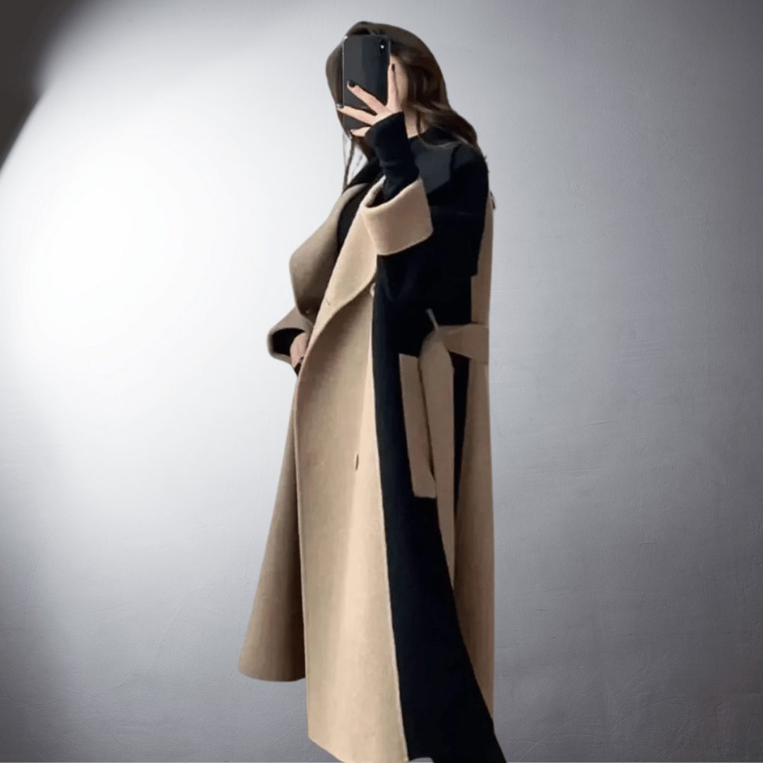 Women two tone straight cut mid length coat colourblock winter