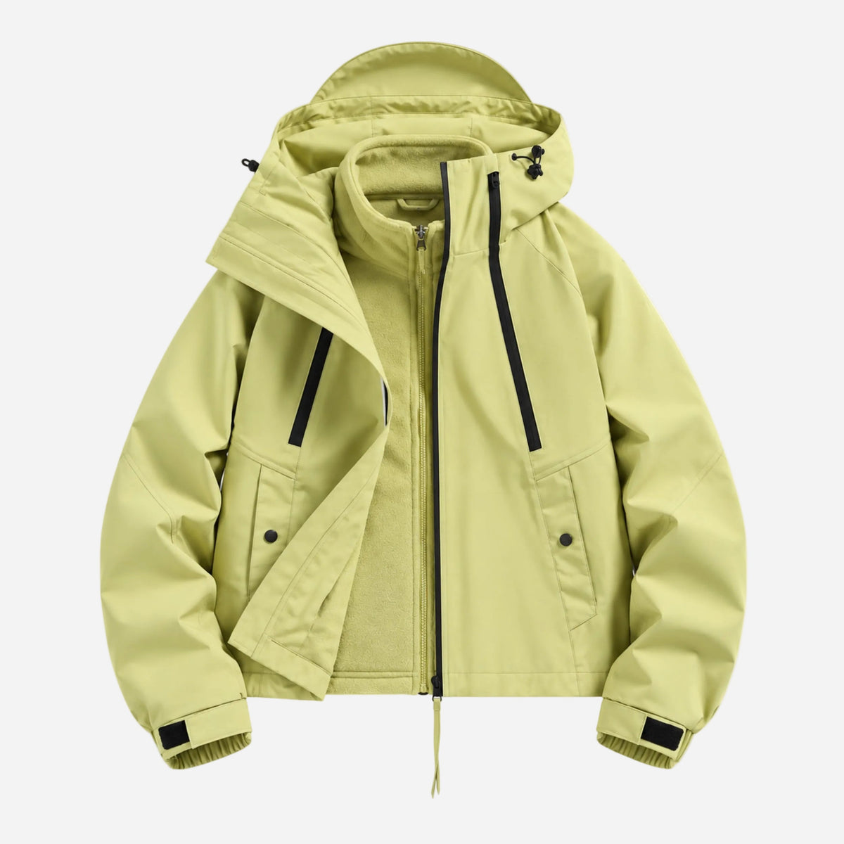 Women waterproof jacket hooded cropped with adjustable cuffs and zip closure
