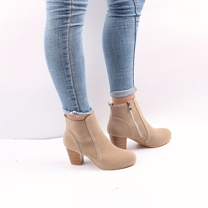 Women ankle boots stacked block heel side zip suede-look upper