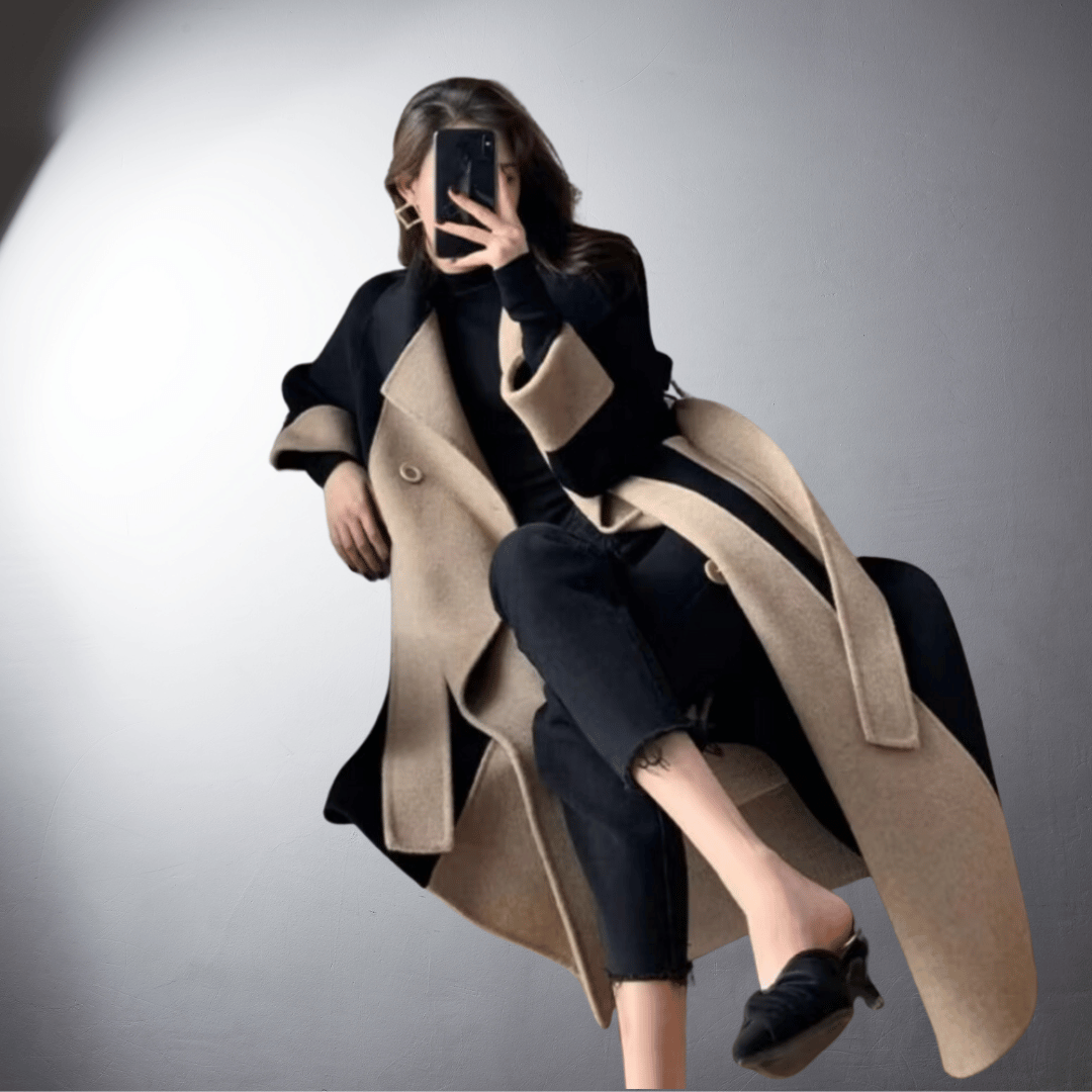Women two tone straight cut mid length coat colourblock winter