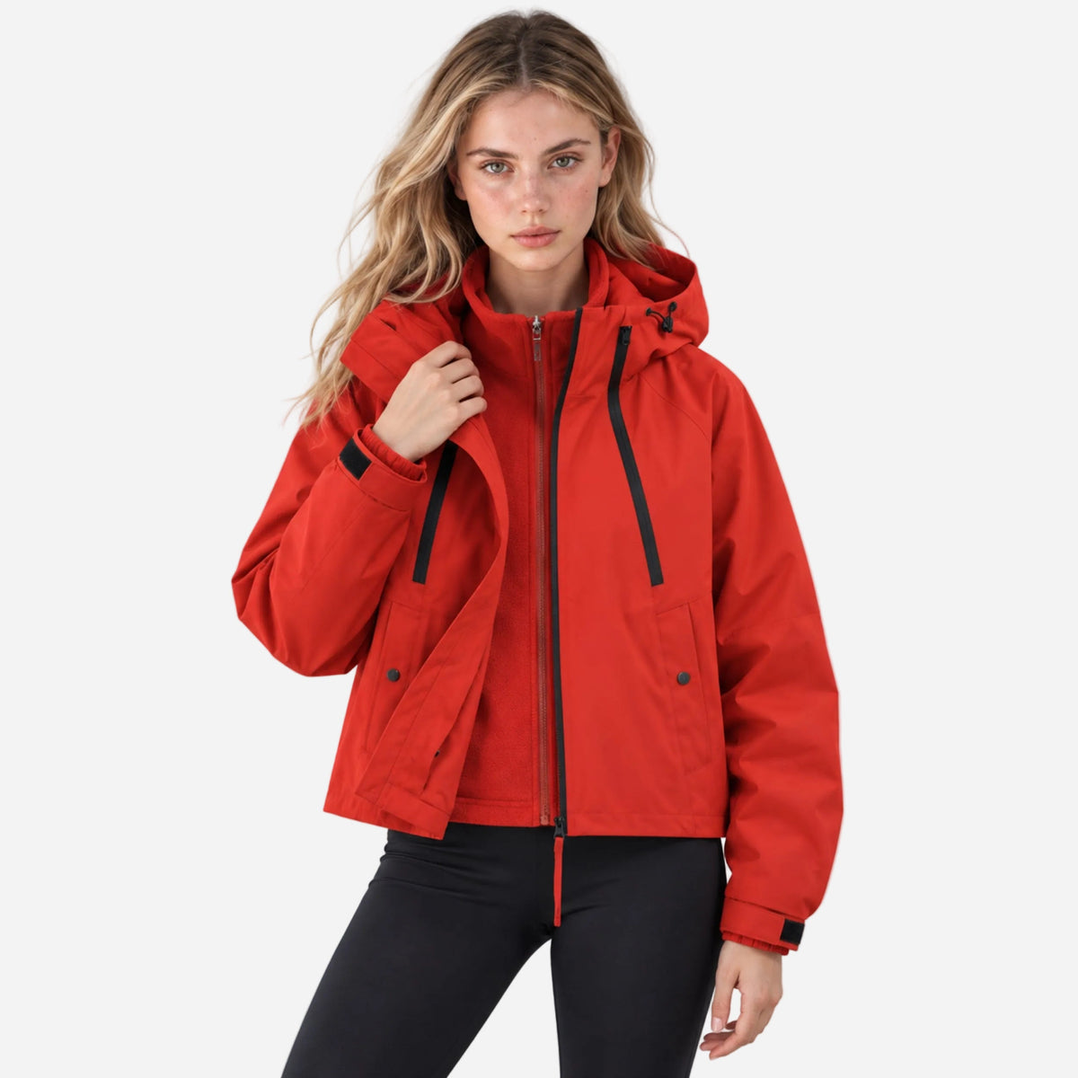 Women waterproof jacket hooded cropped with adjustable cuffs and zip closure