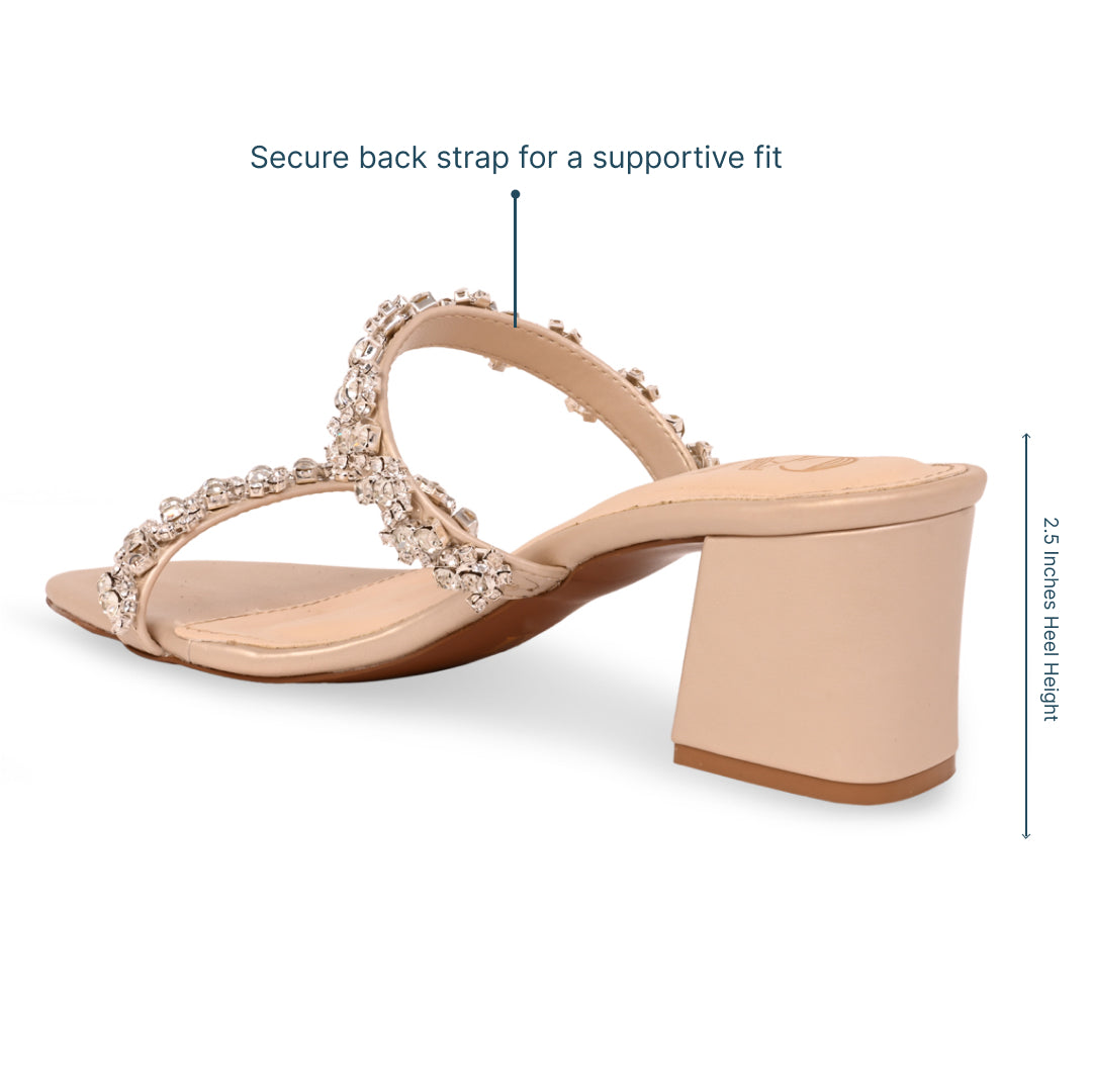 Women’s Block Heel Sandals | Two Strap | Gold Embellished
