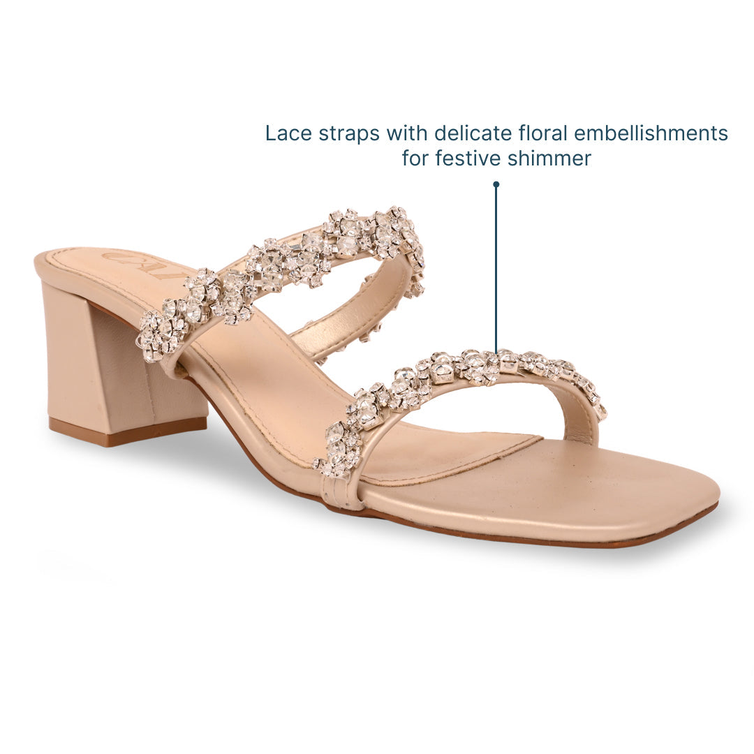 Women’s Block Heel Sandals | Two Strap | Gold Embellished