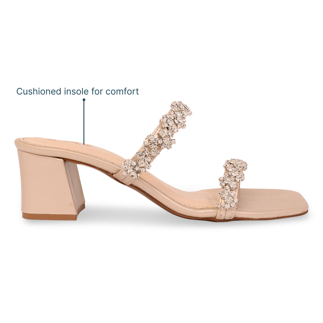 Women’s Block Heel Sandals | Two Strap | Gold Embellished