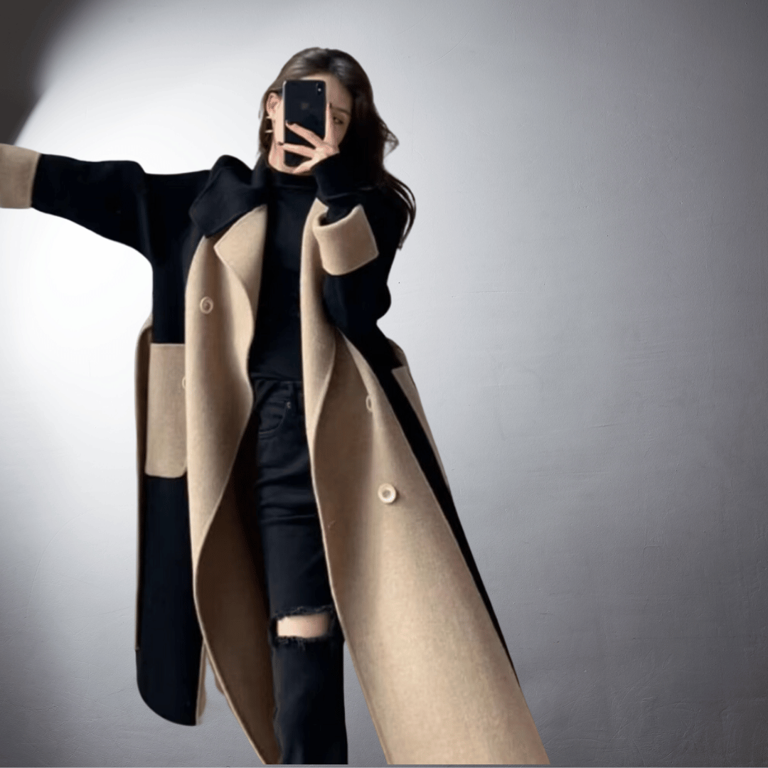 Women two tone straight cut mid length coat colourblock winter