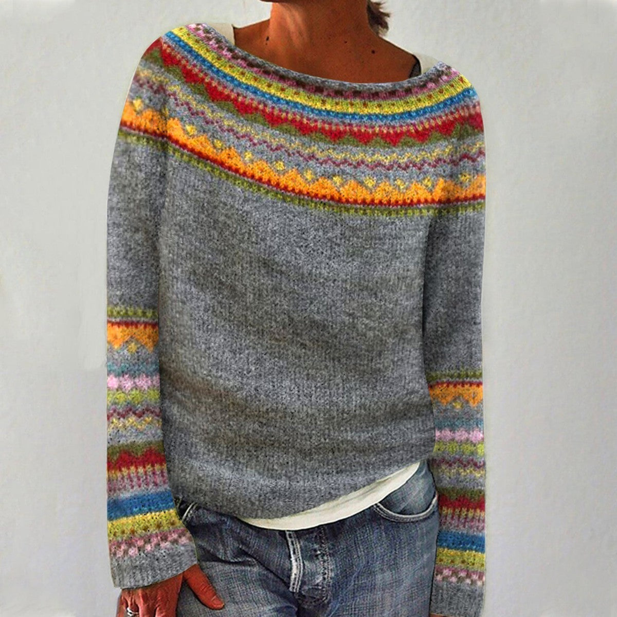 Women crew neck sweater relaxed fit knit pullover
