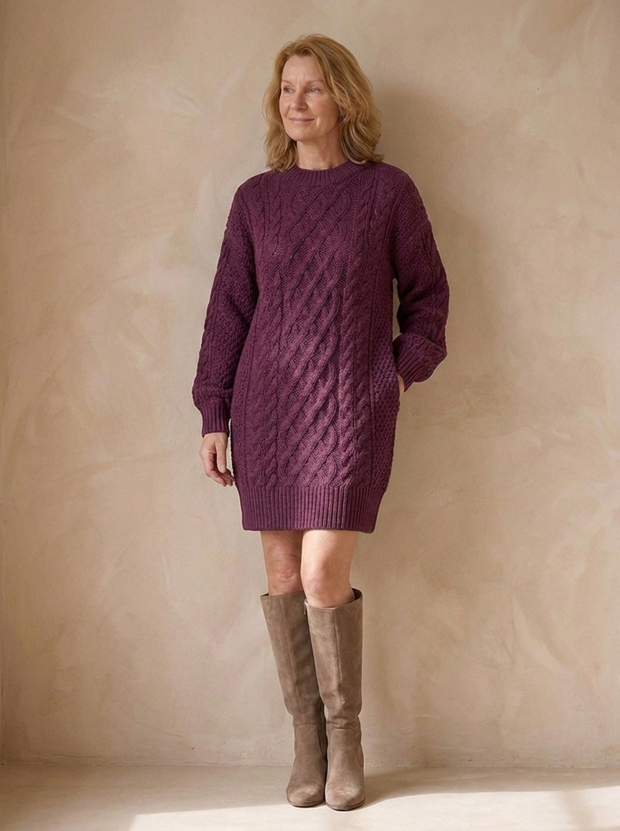 Jumper Dress | Women's Oversized Fit, Cable Knit | Crew Neck Style