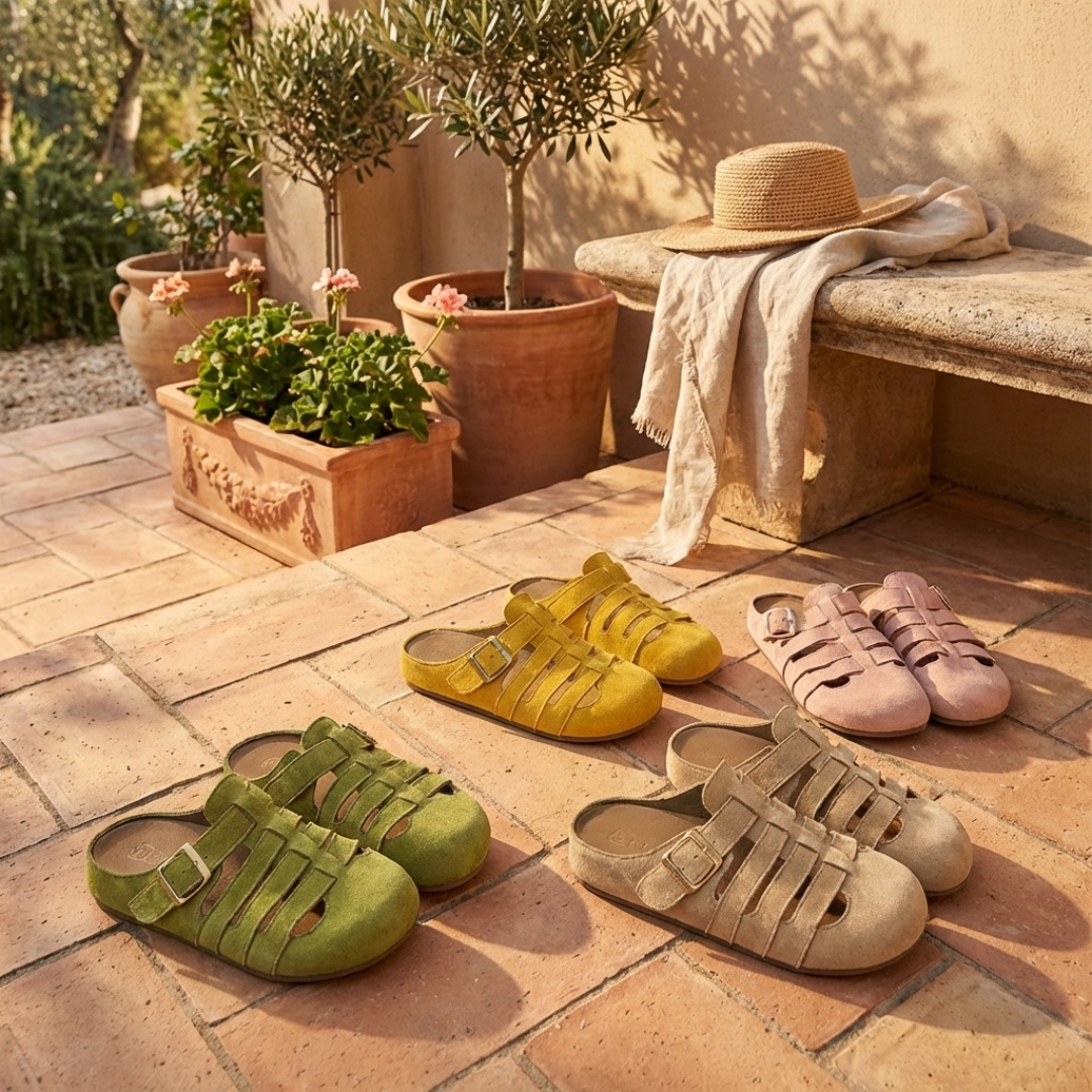 Women slip-on mule sandals with buckle and contoured supportive footbed