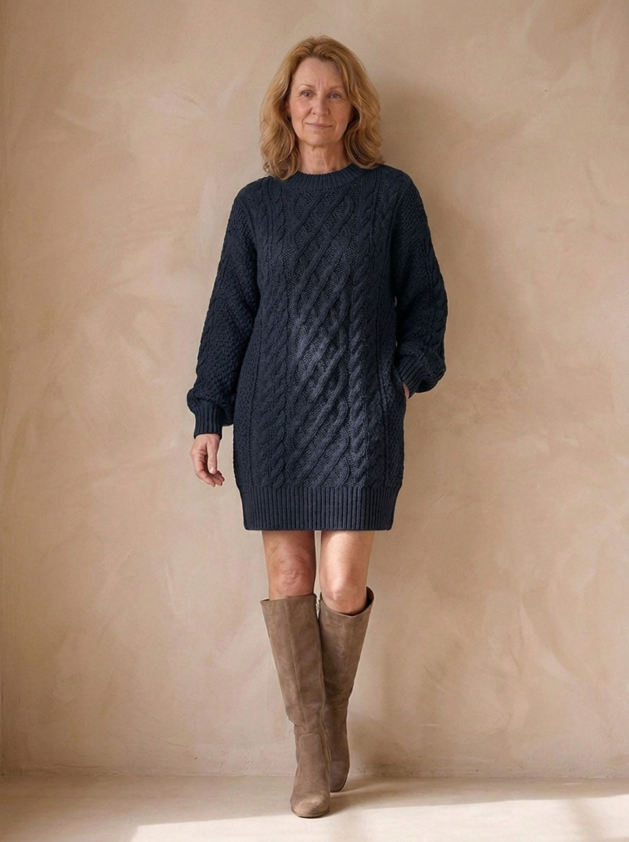 Jumper Dress | Women's Oversized Fit, Cable Knit | Crew Neck Style