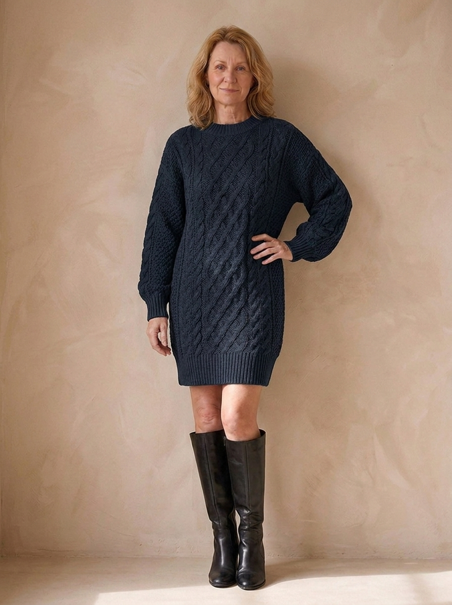 Jumper Dress | Women's Oversized Fit, Cable Knit | Crew Neck Style