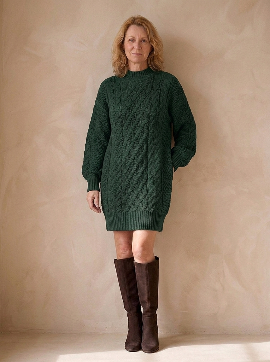 Jumper Dress | Women's Oversized Fit, Cable Knit | Crew Neck Style