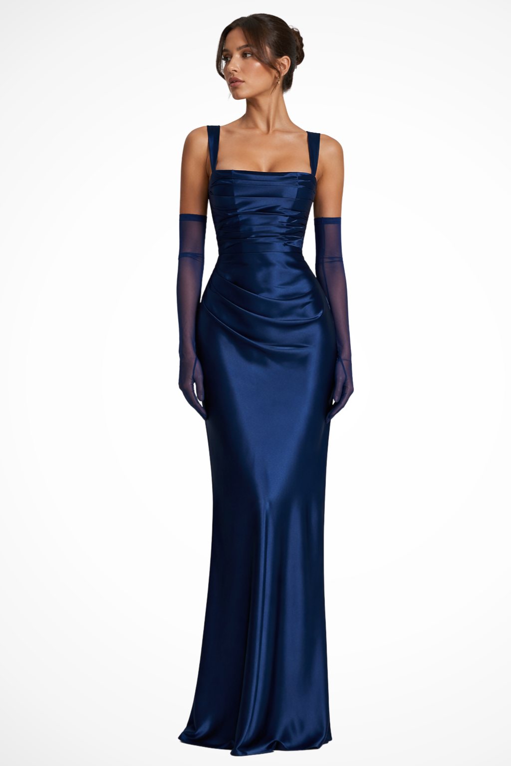 Women satin maxi party dress square neck ruched bodice floor length