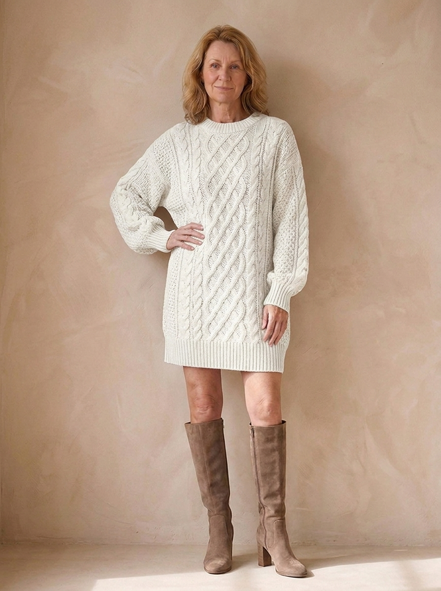 Jumper Dress | Women's Oversized Fit, Cable Knit | Crew Neck Style