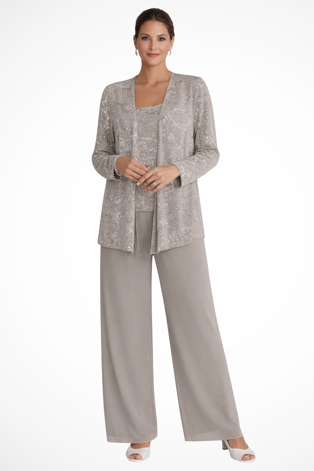 Women 3 piece sequin lace jacket wide leg trouser suit in silver for party and wedding