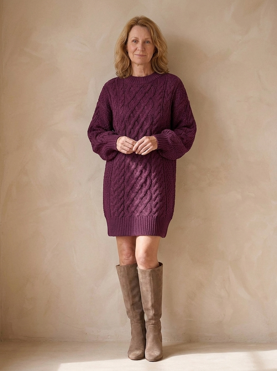 Jumper Dress | Women's Oversized Fit, Cable Knit | Crew Neck Style