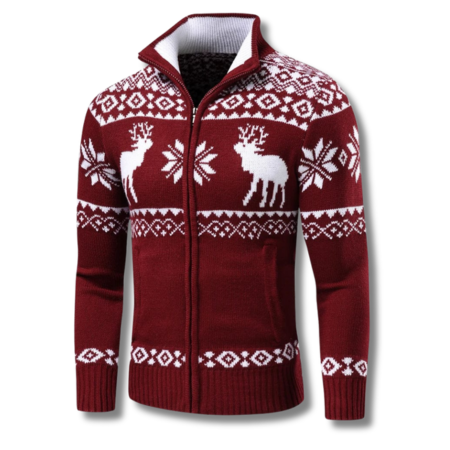 Mens full zip knitted jumper with jacquard print and stand collar for winter