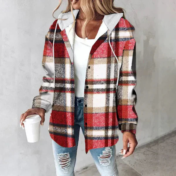 Plaid hooded jacket women oversized winter coat with pockets