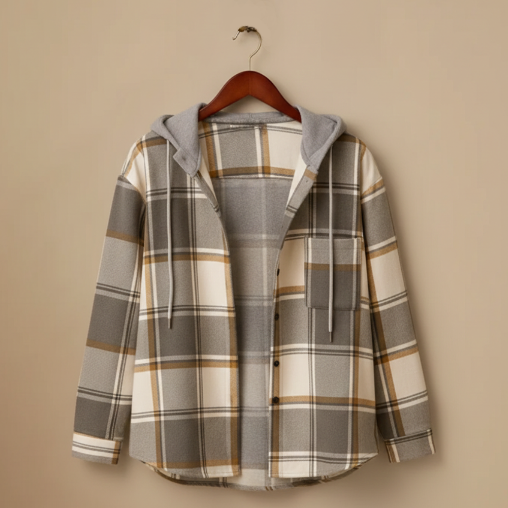 Plaid hooded jacket women relaxed fit with breathable fabric