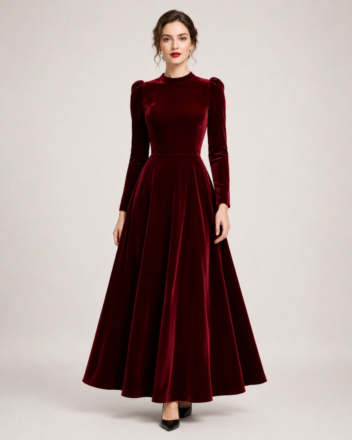 Women Velvet Midi Dress Long Sleeve A Line
