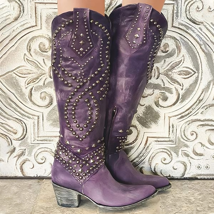 Womens knee high cowboy boots with pointed toe and mid block heel