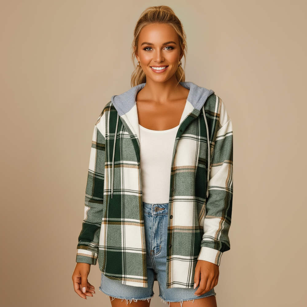 Plaid hooded jacket women relaxed fit with breathable fabric