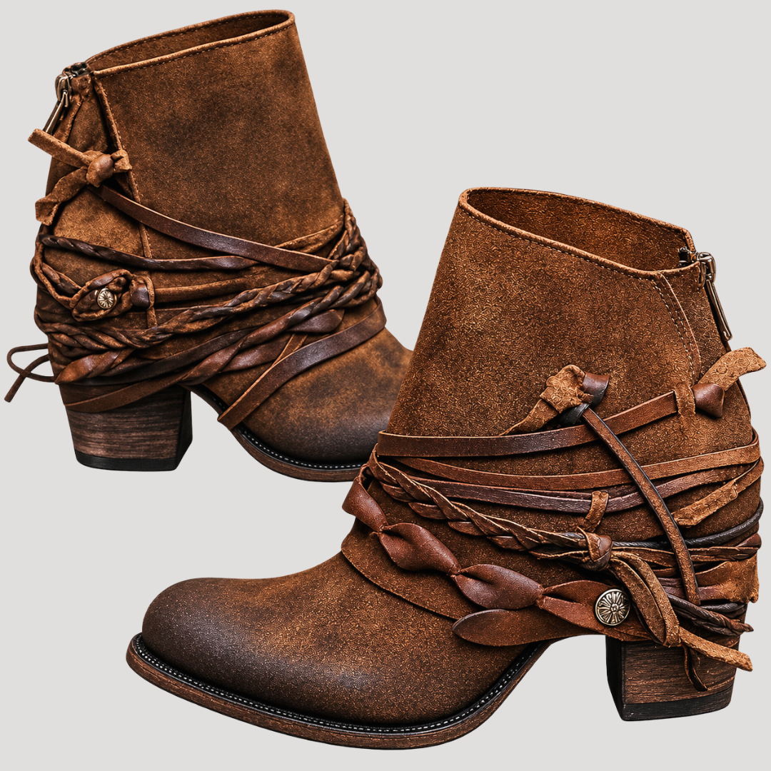 Women boho ankle boots wrap strap block heel in brown and grey