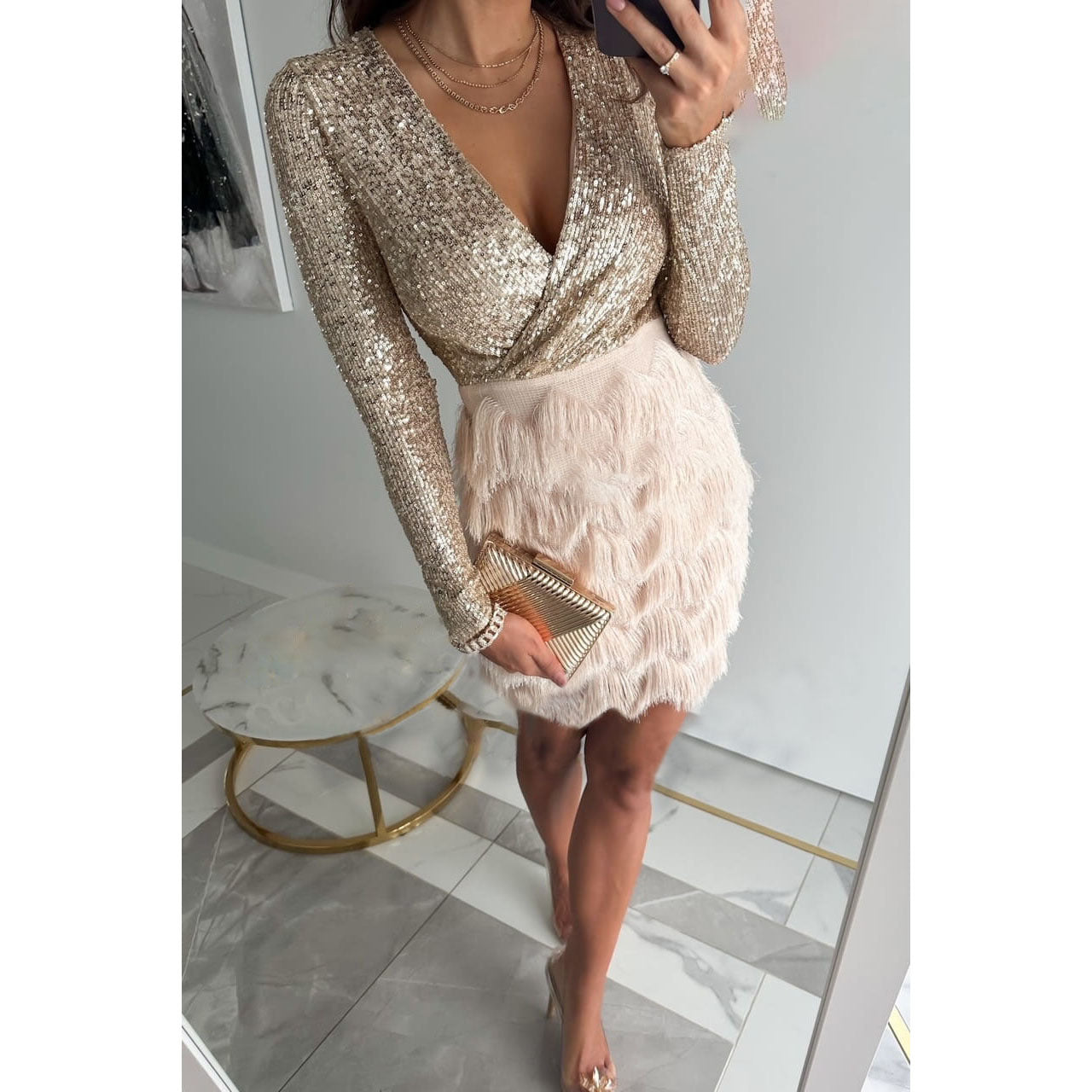 Mini Evening Dress | Sparkly Sequin, Fringe Detail | Night Out