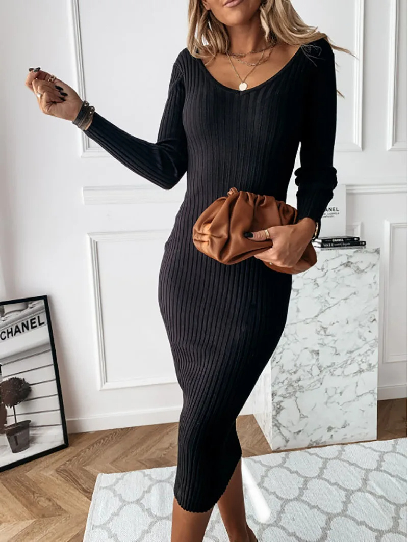 Knit Midi Dress | Women's V Neck, Long Sleeve | Casual Knit Style