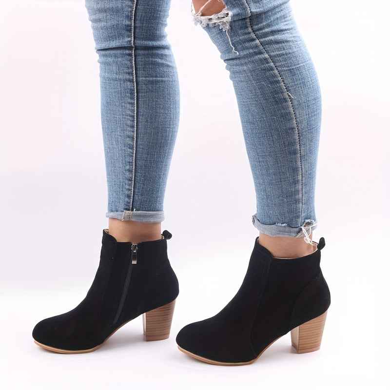 Women ankle boots stacked block heel side zip suede-look upper