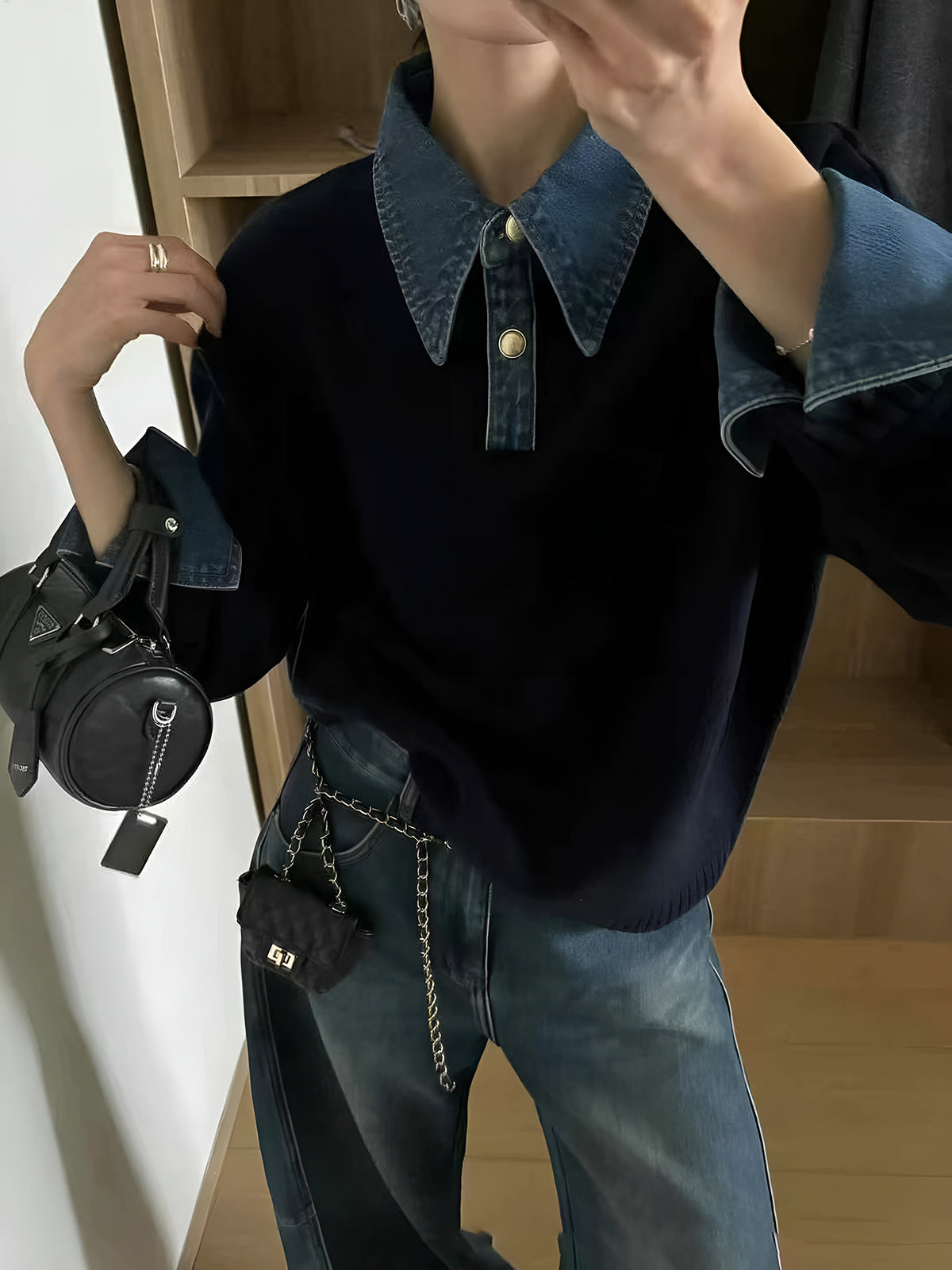Women knit sweater dress lapel button 2 in 1 shift fit