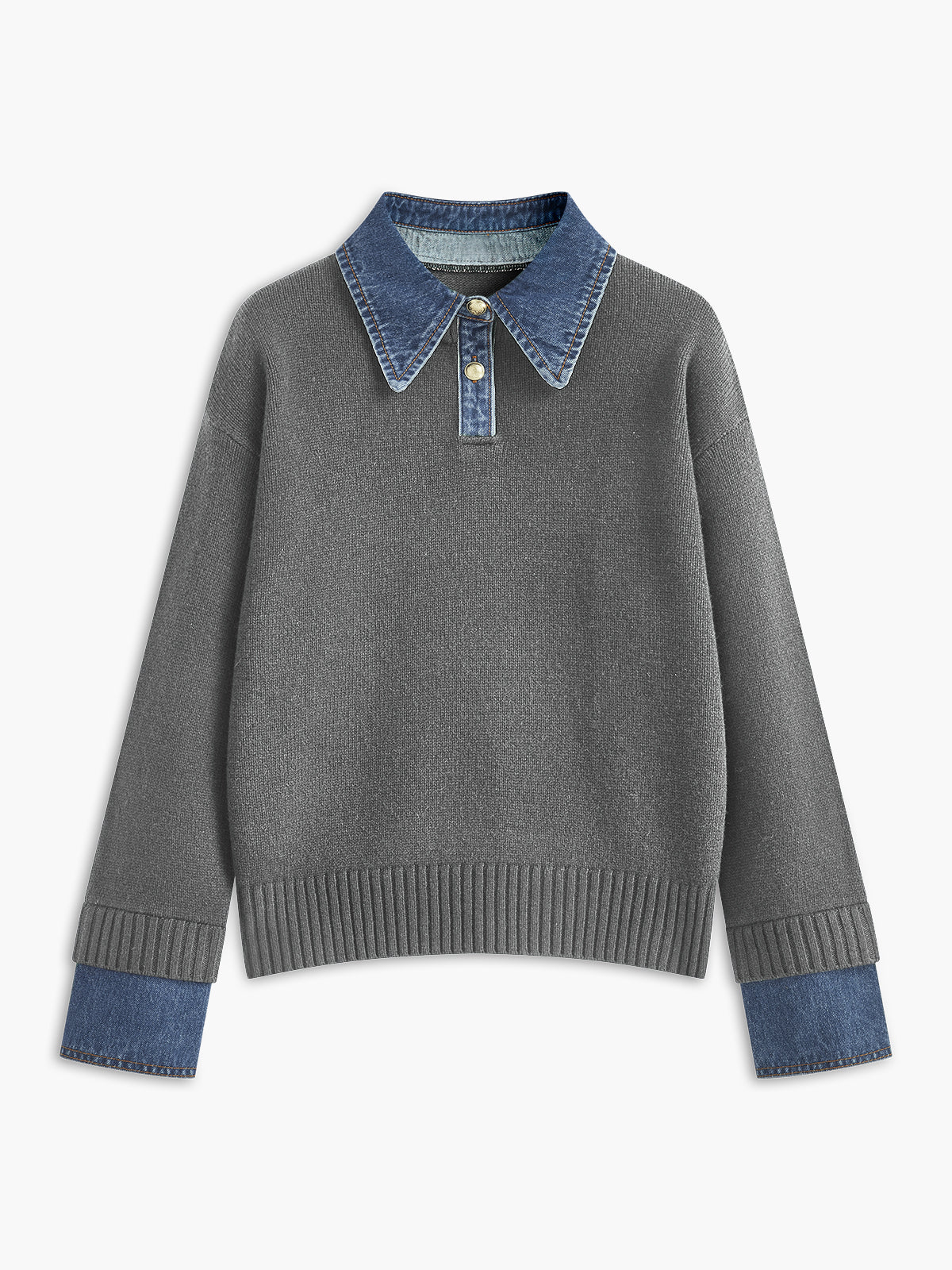 Women knit sweater dress lapel button 2 in 1 shift fit