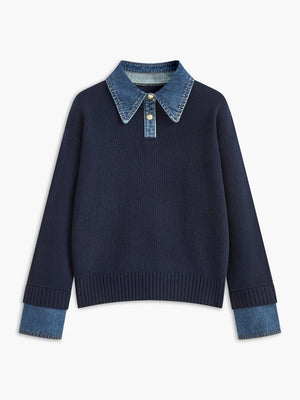 Women Knit Sweater Dress Lapel Button 2 in 1