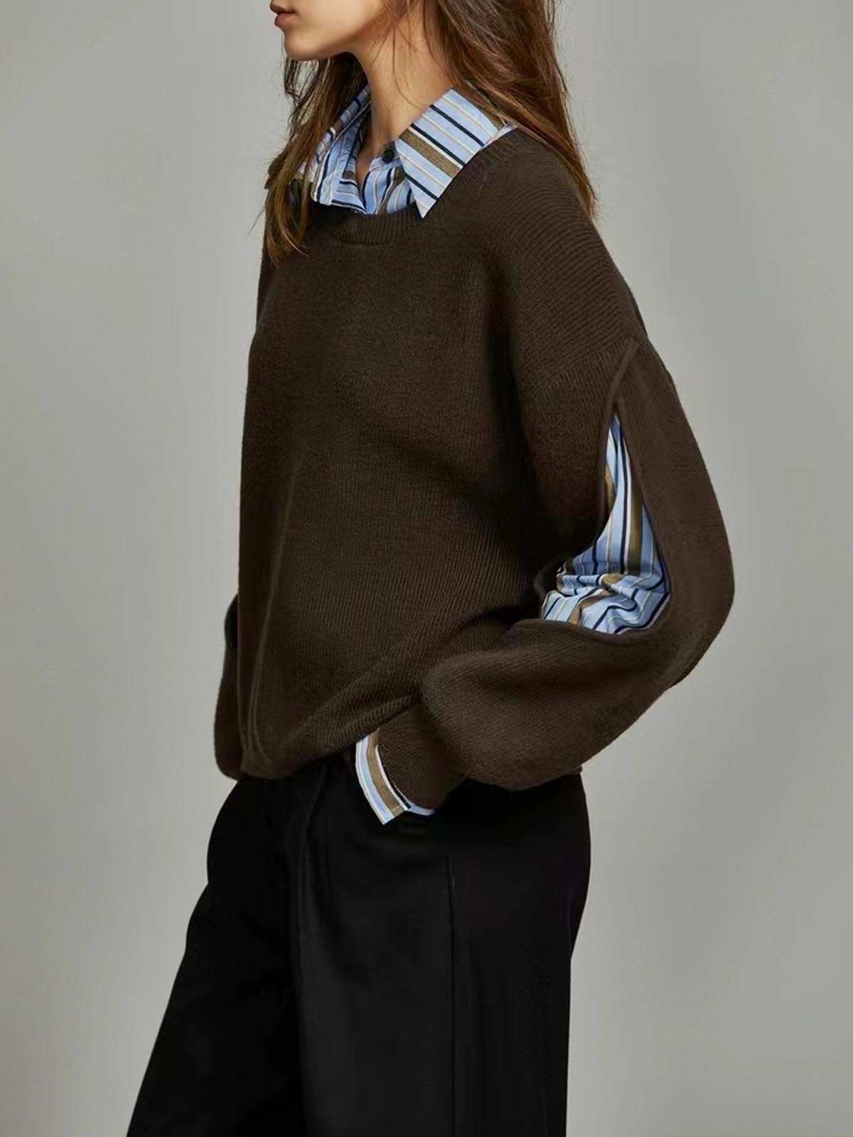 Women ribbed cutout colorblock sweater in dark brown and grey knit