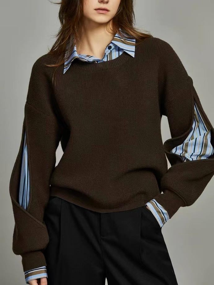 Women ribbed cutout colorblock sweater in dark brown and grey knit