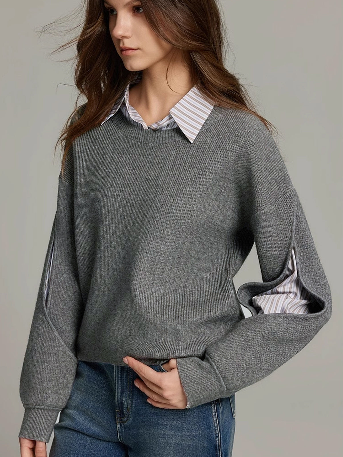 Women ribbed cutout colorblock sweater in dark brown and grey knit
