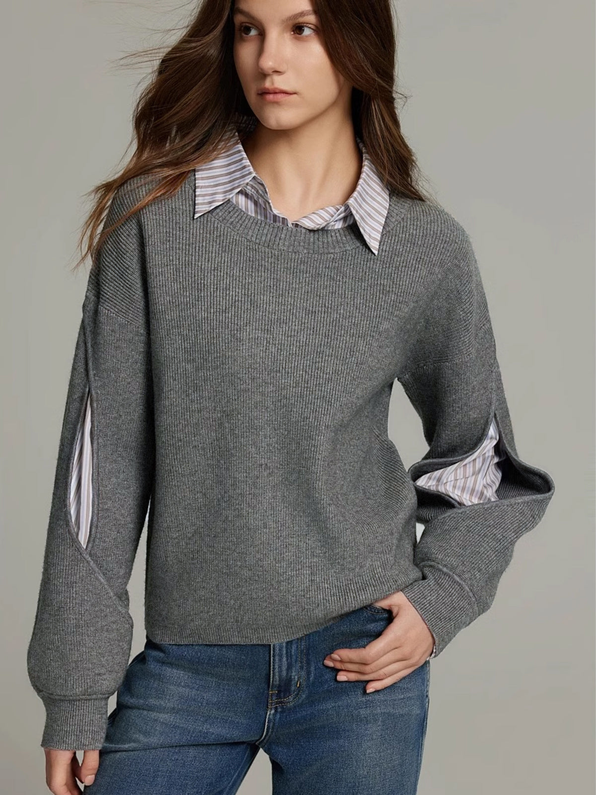 Women ribbed cutout colorblock sweater in dark brown and grey knit