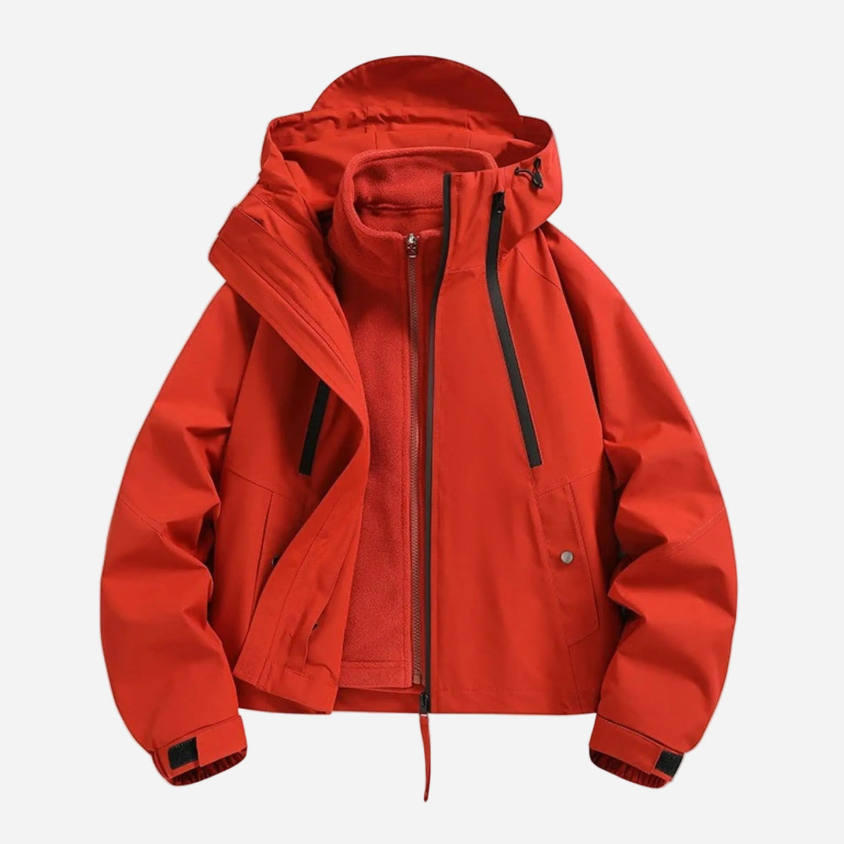 Women waterproof jacket hooded cropped with adjustable cuffs and zip closure