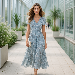 Floral Maxi Evening Dress with Frilled Sleeves and V-Neckline