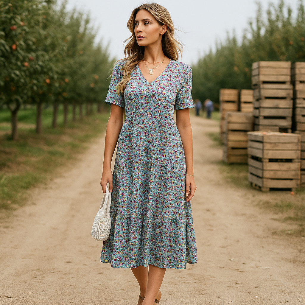 Emery - Elegant Floral Midi Evening Dress - Long Sleeve