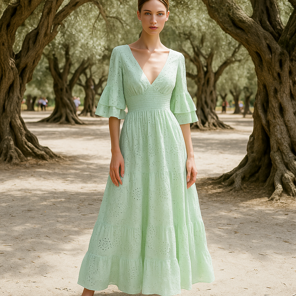 Maxi Dress | Women's Boho Evening Dress | Embroidered Ruffle Sleeve