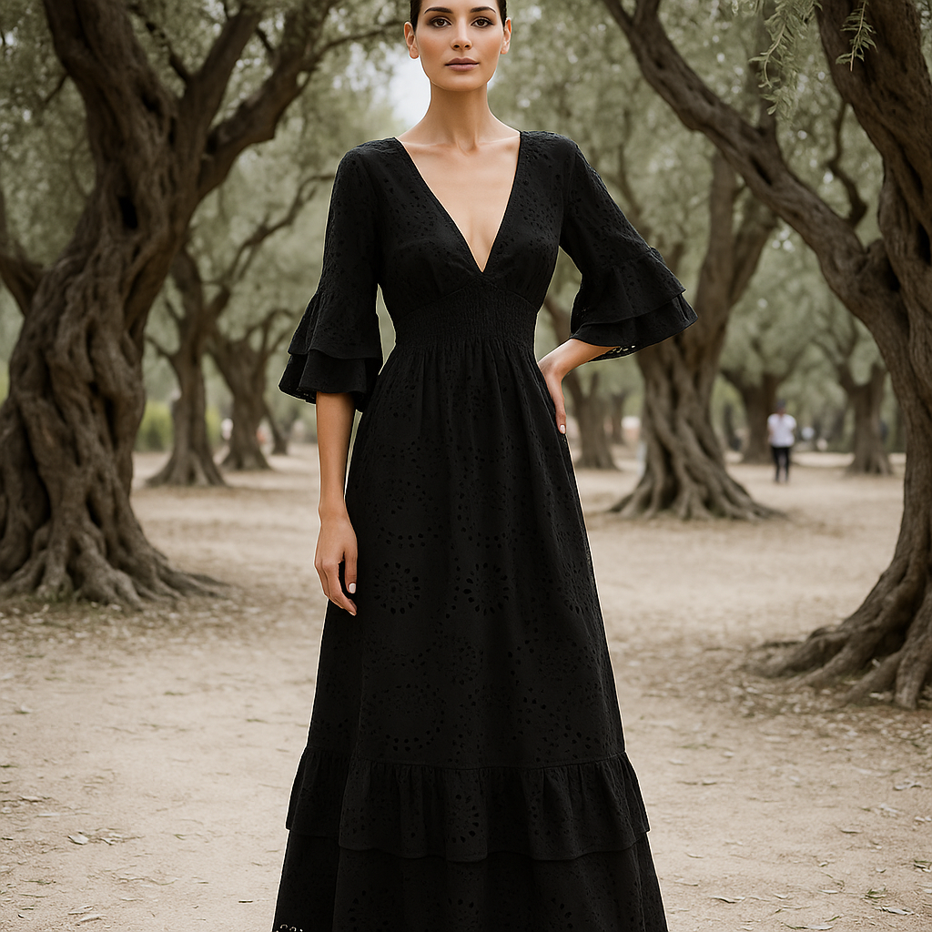 Maxi Dress | Women's Boho Evening Dress | Embroidered Ruffle Sleeve