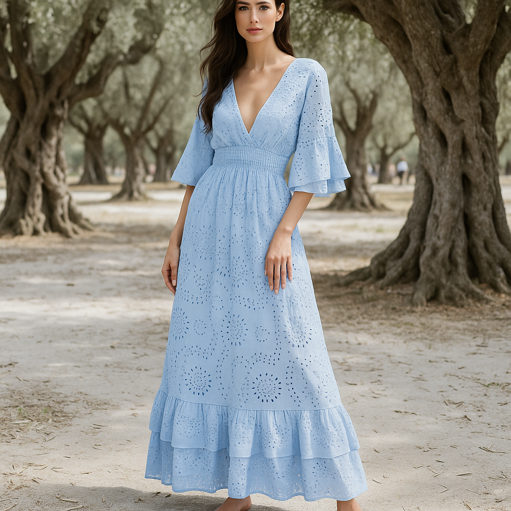 Maxi Dress | Women's Boho Evening Dress | Embroidered Ruffle Sleeve