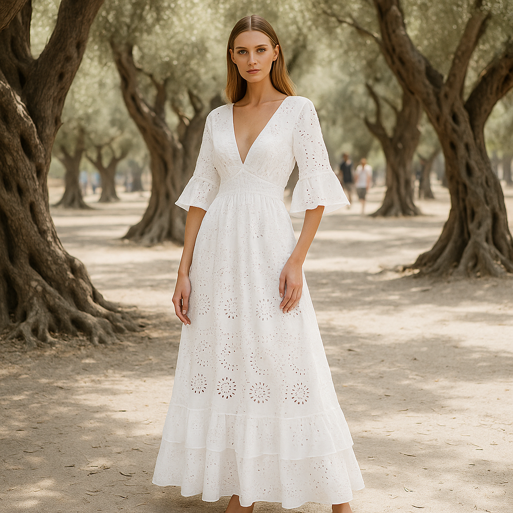 Maxi Dress | Women's Boho Evening Dress | Embroidered Ruffle Sleeve